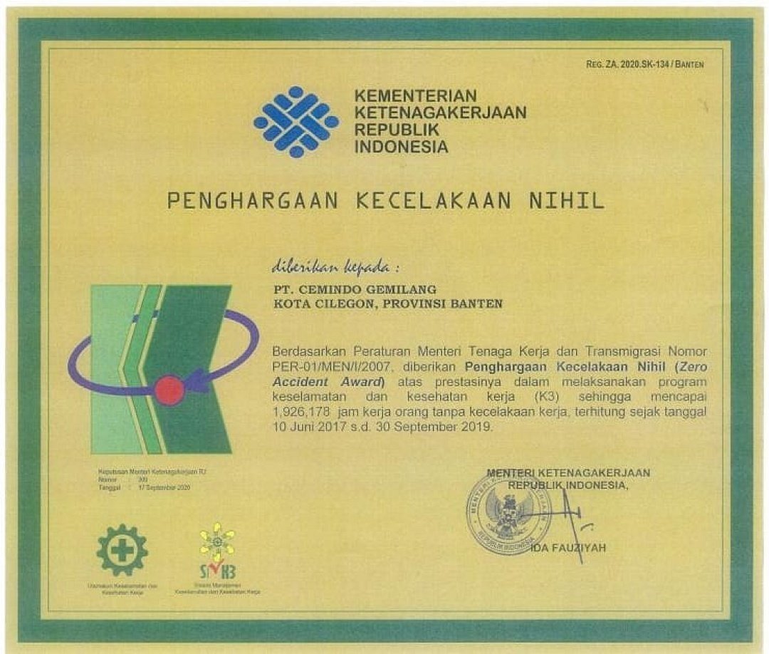 ZAA (Zero Accident Award) For Ciwandan Plant in 2020 from ministry of manpower